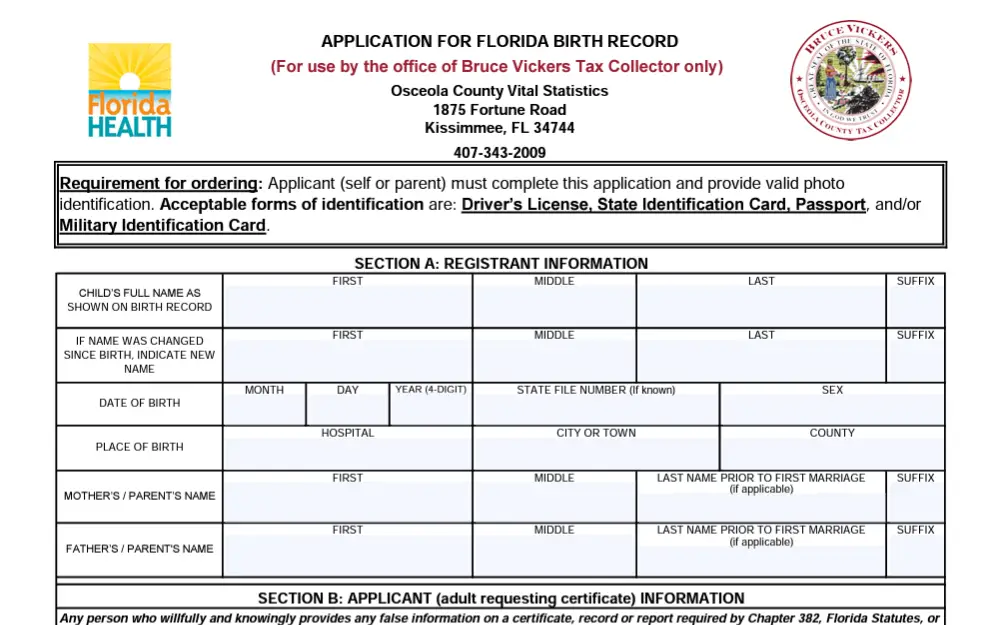 A screenshot of the form that is used to obtain birth document in Osceola County.