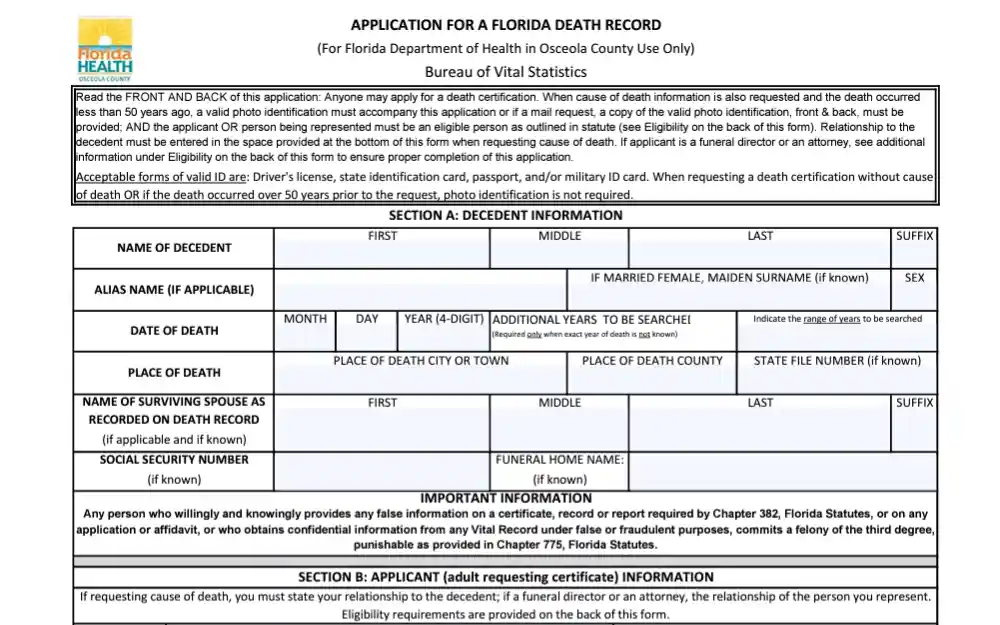 A screenshot of the form that is used to obtain death document in Osceola County.