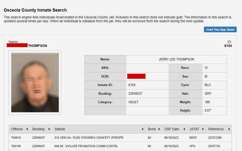 A screenshot of the search engine that lists individuals incarcerated in the Osceola County Jail.