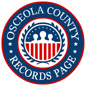 A round red, white, and blue logo with the words Osceola County Records Page for the state of Florida.