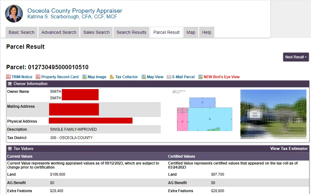 A screenshot of the interactive online property search that allows anyone to see who owns a parcel of land.