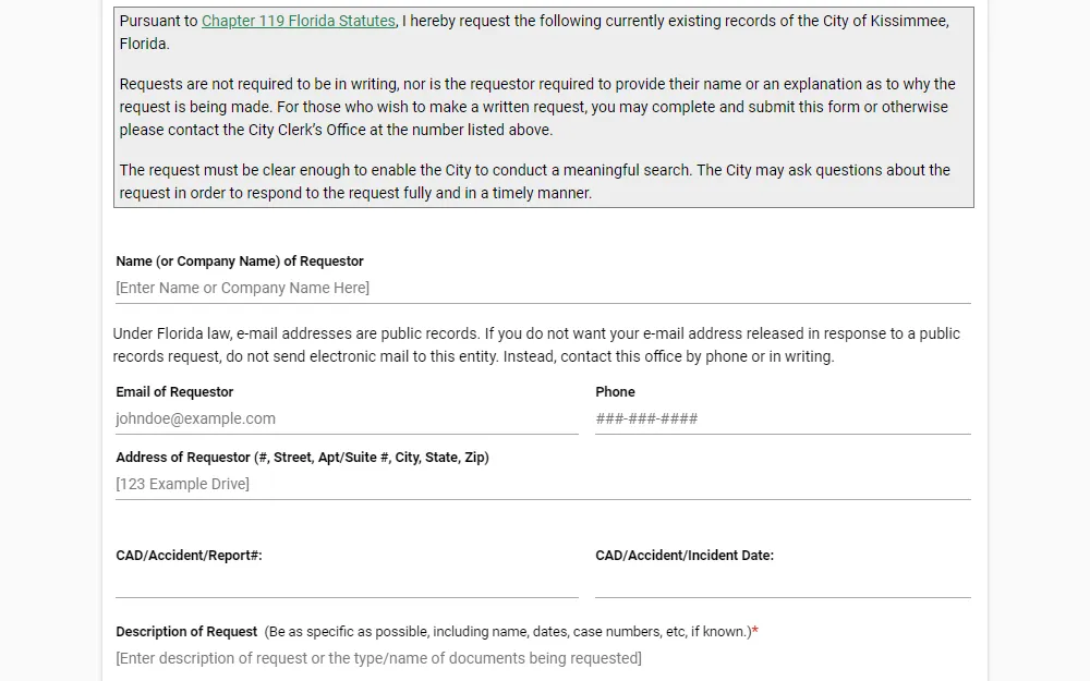 Screenshot of the Kissimmee Police Department's public records online request form, displaying a text box containing a short reminder, followed by fillable fields regarding the requestor's name, address, and contact information; the CAD, accident, or report number; the CAD, accident, or incident date; and description of request.