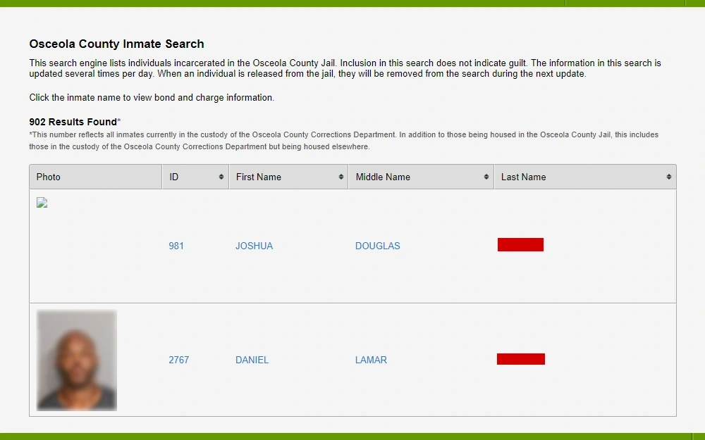 A screenshot of the search results of inmates from Osceola County Corrections, displaying a disclaimer note followed by the initial list of inmates including their mugshot, ID number, and full name.