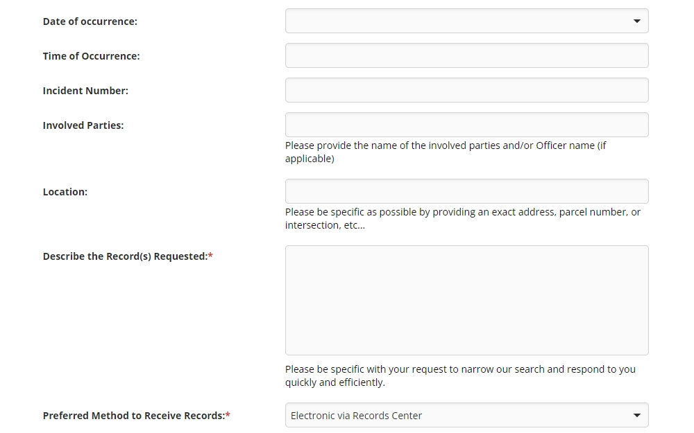 A screenshot of the online submission form for public records request in Osceola County showing the fields provided for date and time of event, incident number, involved parties, location, record request description, and preferred method of receiving records.