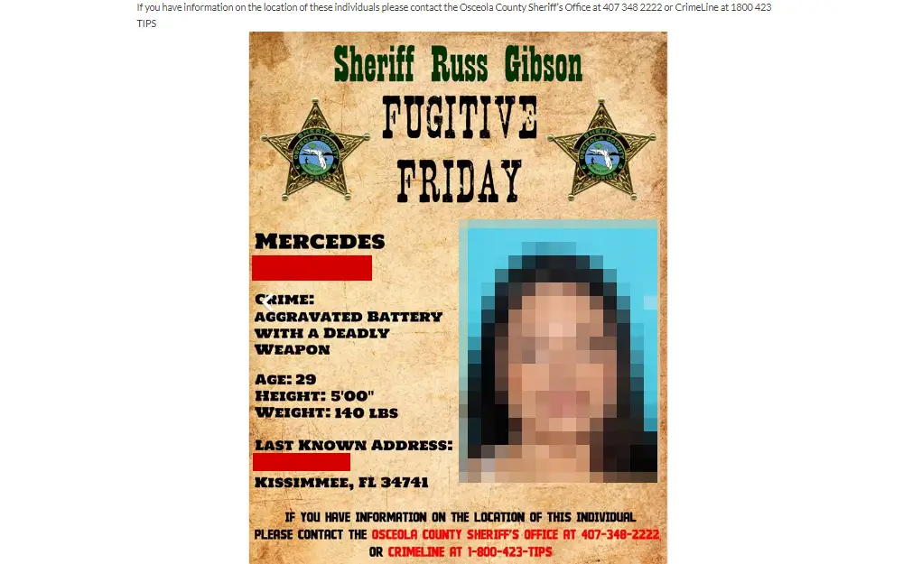 Screenshot taken from the most wanted page posted by the Osceola County Sheriff's Office, displaying an individual's wanted poster containing the mugshot on the right side and the following information on the left: name, crime, age, height, weight, and last known address, with the sheriff's contact information below.