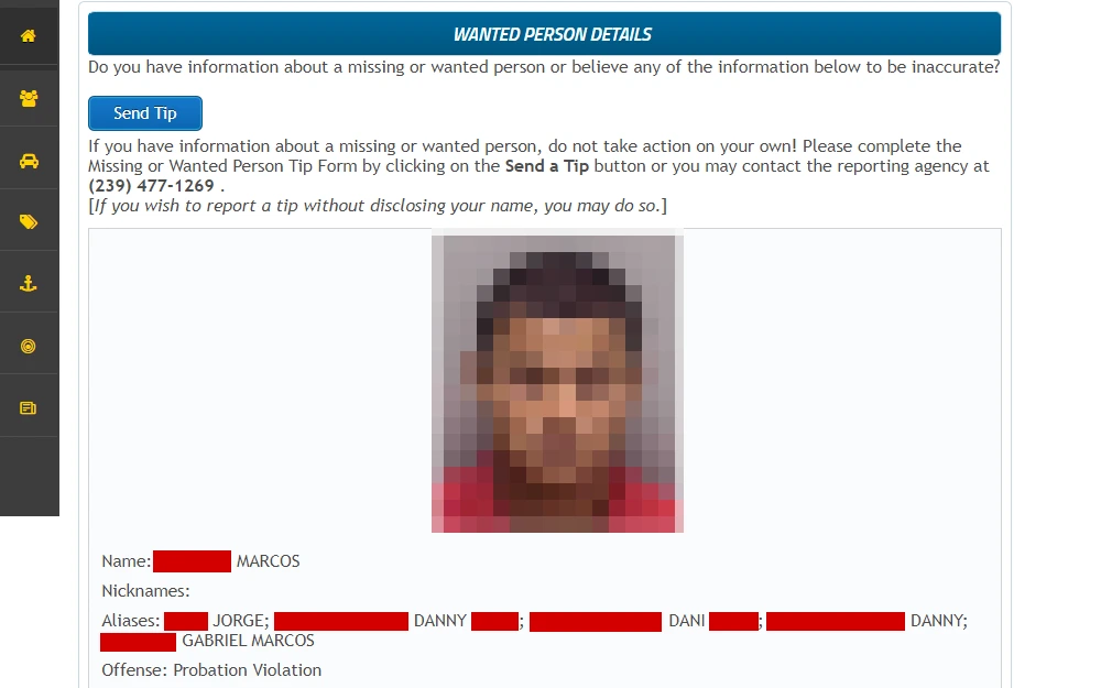 A screenshot from the Florida Department of Law Enforcement shows a wanted person's details, including the mugshot, name, aliases, and offense, with an option to send tips.