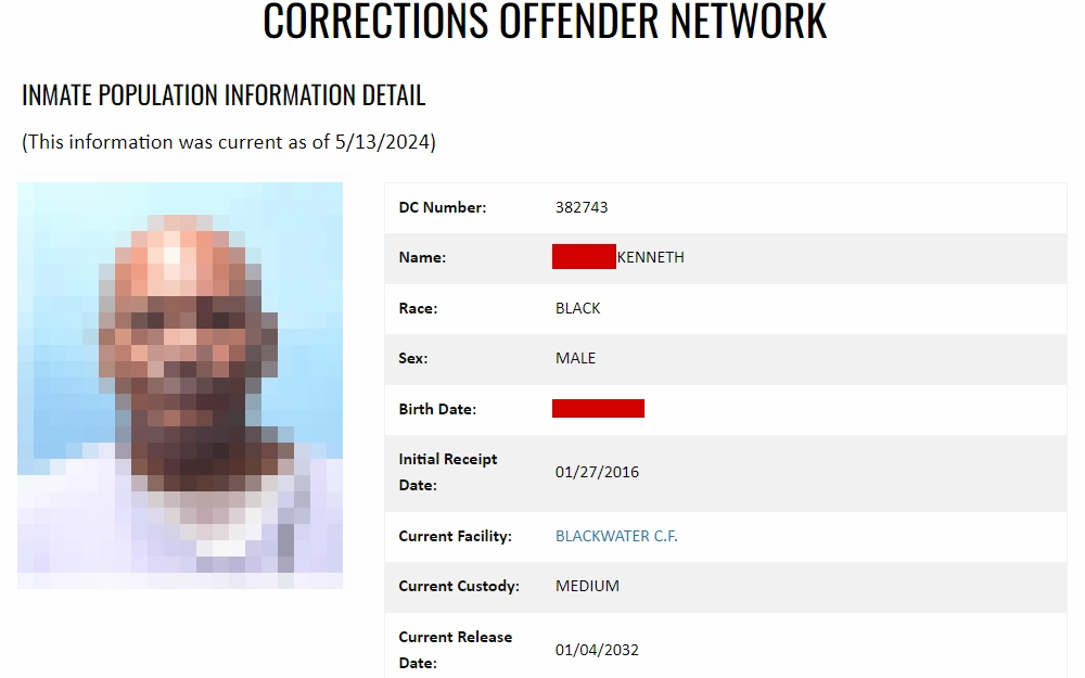 A screenshot from the Florida Department of Corrections shows an inmate's information, including his mugshot, DC number, name, race, sex, birthdate, initial receipt date, current facility, custody, and release date.