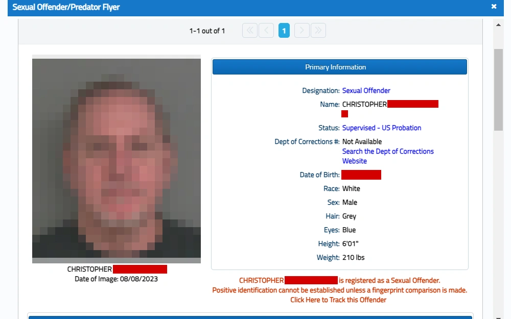 A screenshot of a sex offender's details from the Florida Department of Law Enforcement displays the mugshot, designation, name, status, DC number, date of birth, race, sex, hair and eye colors, weight, and height.