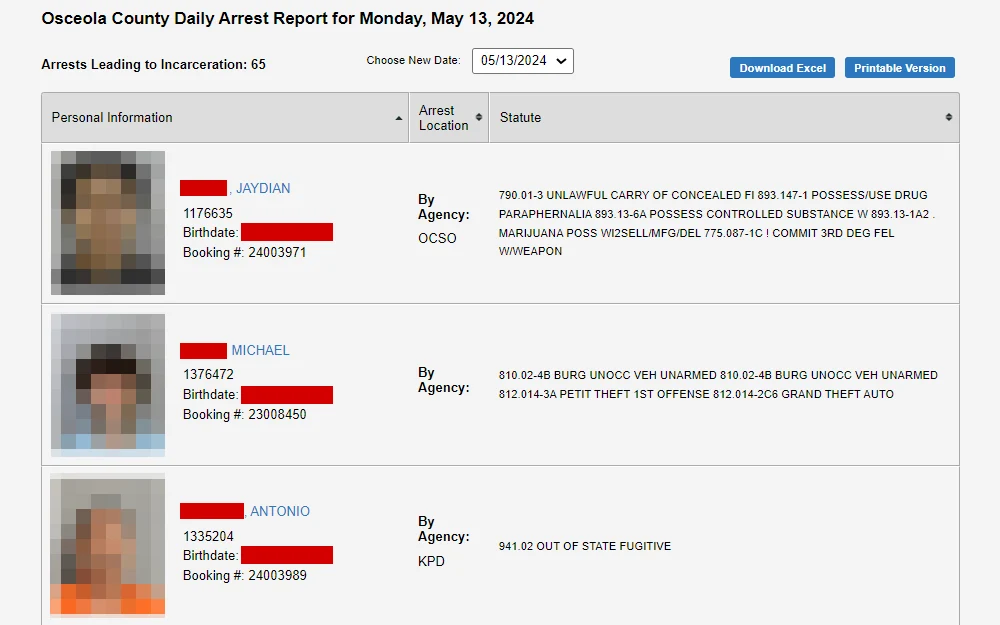 A screenshot of the search tool from Osceolo County Corrections displays a roster of persons arrested, including their mugshots, names, inmate numbers, birthdates, booking numbers, arrest locations, and statutes.