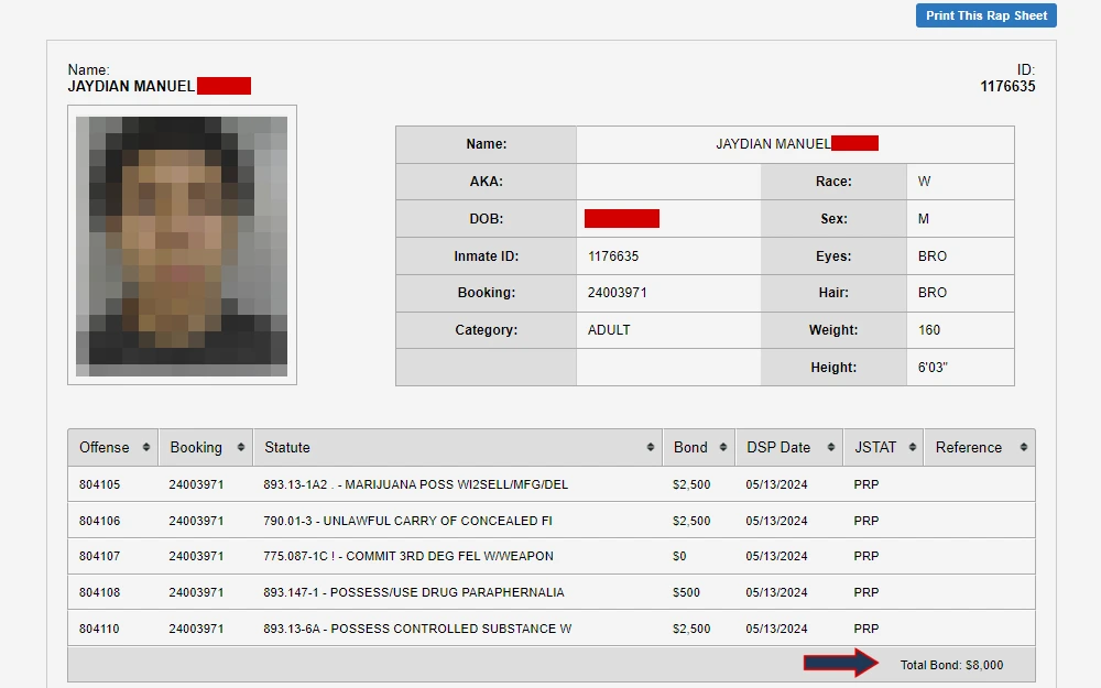 A screenshot of the Osceola County Corrections' inmate roster displays an inmate detail including his mugshot, name, birthday, inmate ID, booking number, category, race, sex, eye color, hair color, weight, and height, followed by a table listing the offenses and the corresponding booking numbers, statutes, bonds, and DSP dates.