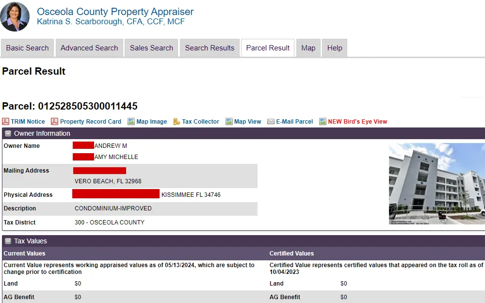 A screenshot from the Osceola County Property Appraiser displays the property parcel number, owners, address, description, tax district, photo, and assessed values.