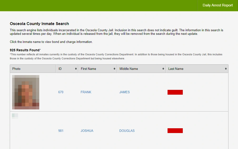 A screenshot from Osceola County Corrections displays their inmate roster with a disclaimer that indicates inclusion in the list does not equate to guilt, followed by a table listing the inmates' mugshots, inmate IDs, and full names.