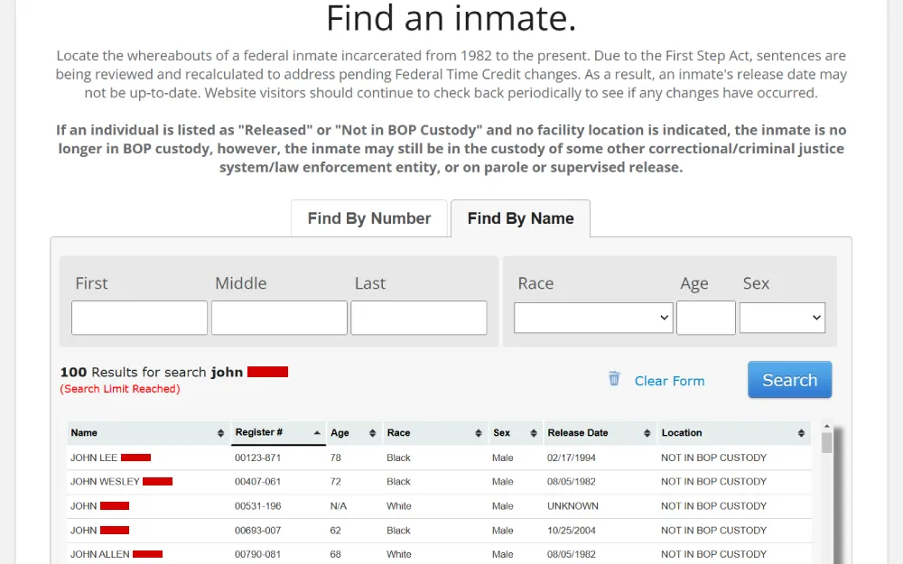 A screenshot from a Federal Bureau of Prisons inmate search webpage titled "Find an inmate," displaying 100 search results, including details such as register numbers, ages, races, sexes, release dates, and locations, with most listed as "Not in BOP Custody."