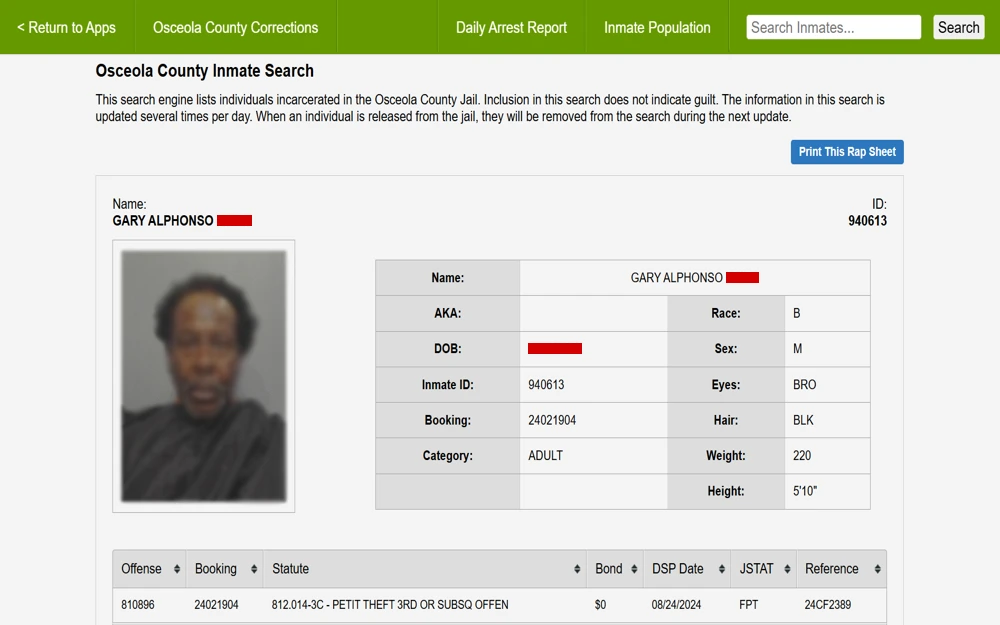 A screenshot of an Osceola County Inmate Search webpage displaying the details of an incarcerated individual, including a photograph, personal information such as date of birth, inmate ID, race, sex, height, weight, eye color, and the offense of "Petit Theft 3rd or Subsequent Offense" along with a booking ID and bond details.